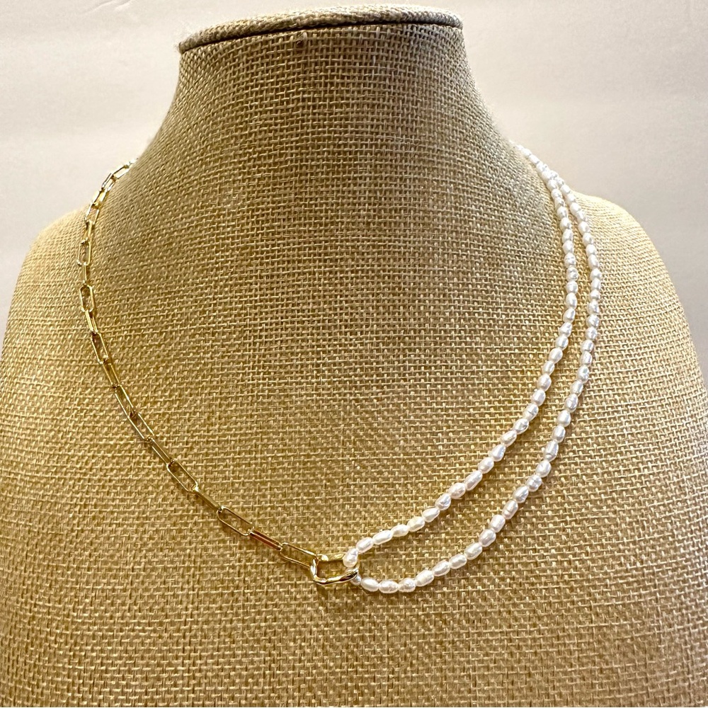 NEW Genuine Freshwater Pearls & gold tone Paperclip style chain Necklace